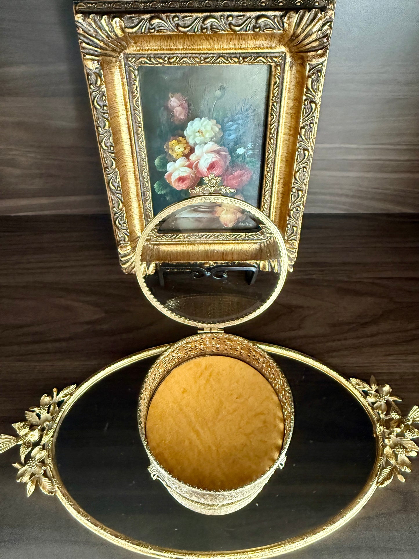 Hollywood Regency Style Vintage Round Gold Filigree Ormolu Glass Top Jewelry/ Trinket Box Footed