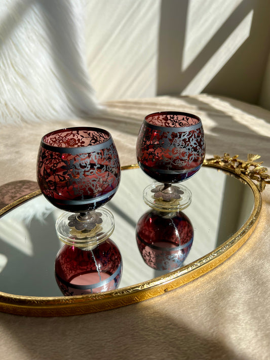 Colored Glass Silver Painted Trimmed Vintage Brandy Glasses set of 2