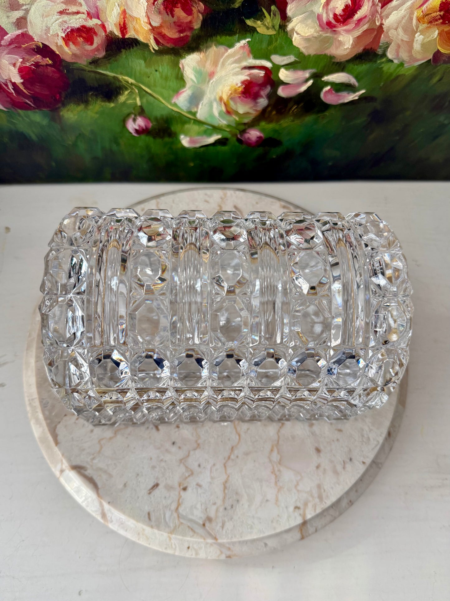 1960s Baccarat Style Heavy Cut Crystal Large Lidded Vintage Jewelry or Trinket Box/ Casket with Brass Frame