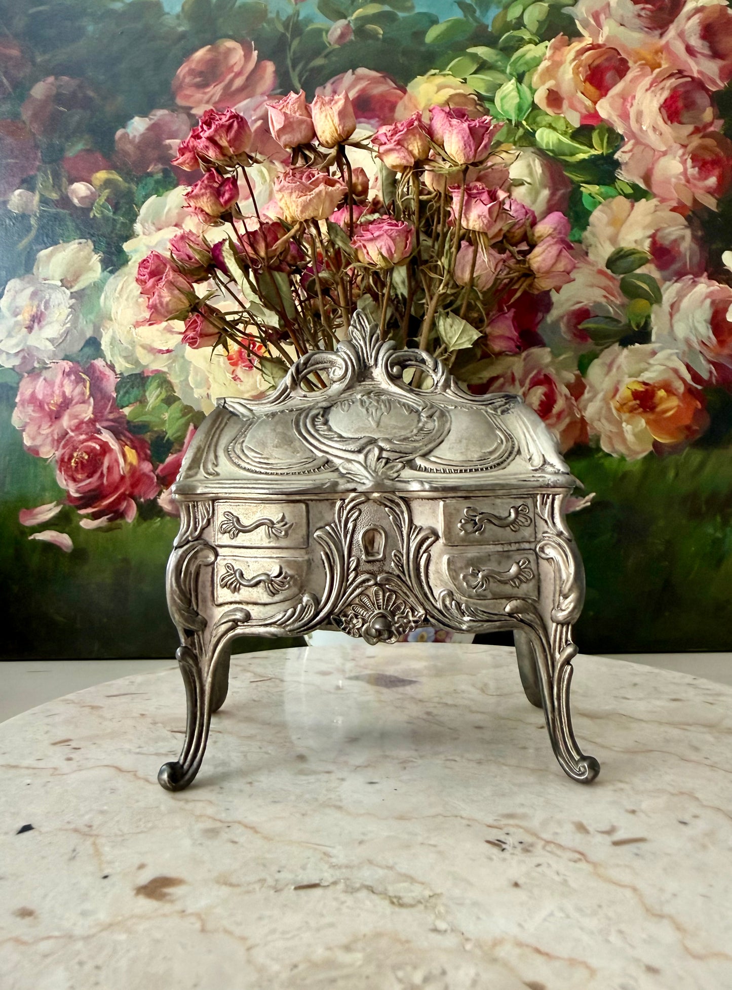 Antique Art Nouveau French Style Silver Plated Jewelry Casket Velvet Lined Romantic Trinket Box