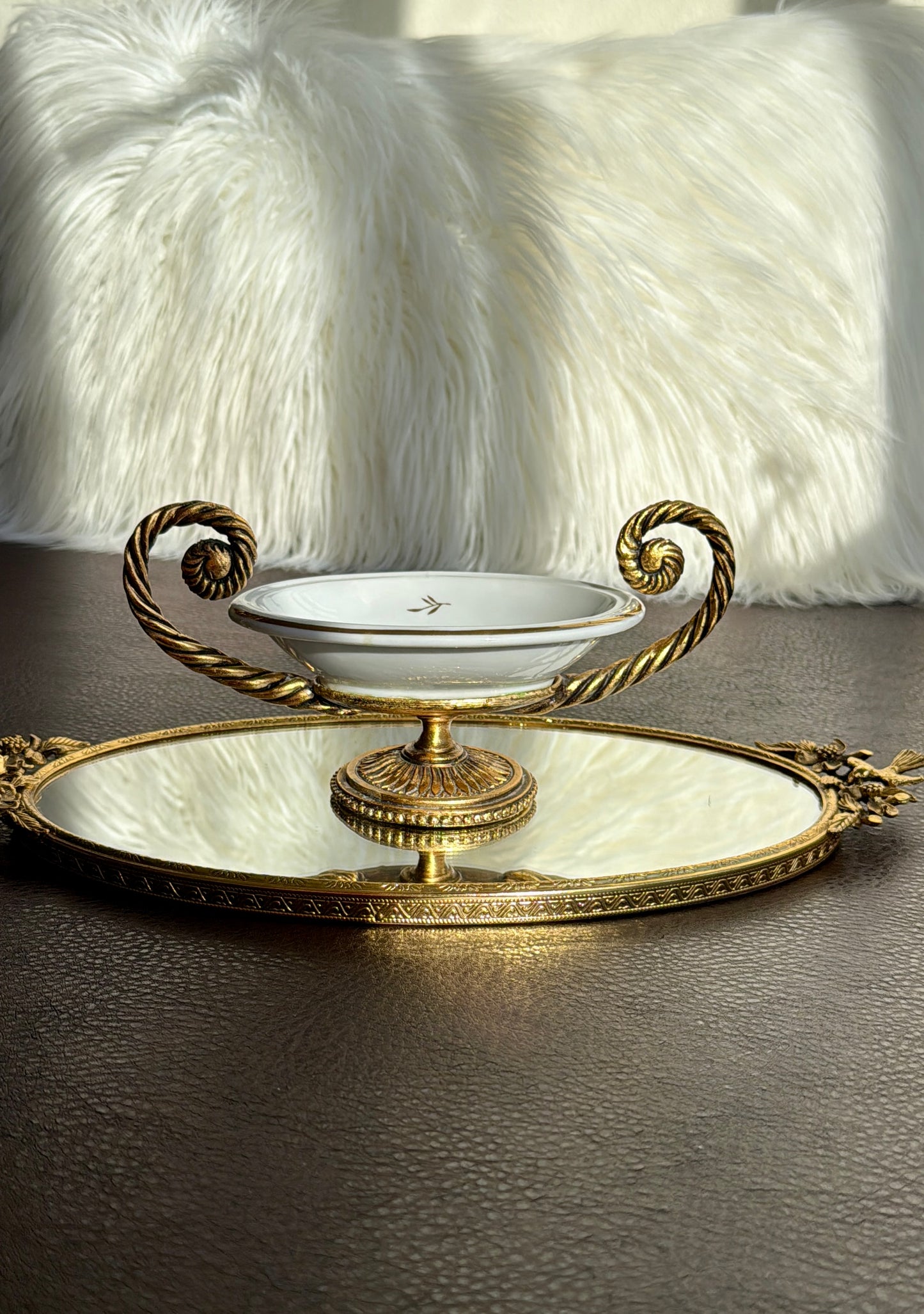 Vintage Victorian Style Porcelain Oval Soap Dish with Gilded Brass Handles