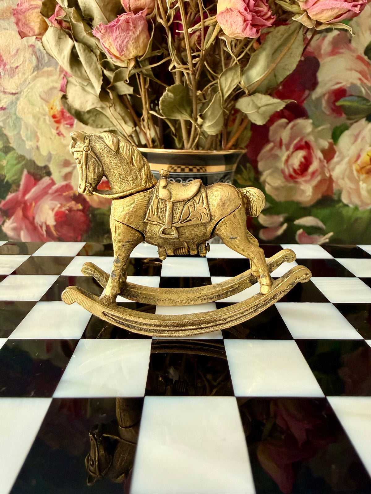 1970s Vintage Max Factor Gold-toned Metal “Rocking Horse” Perfume Compact