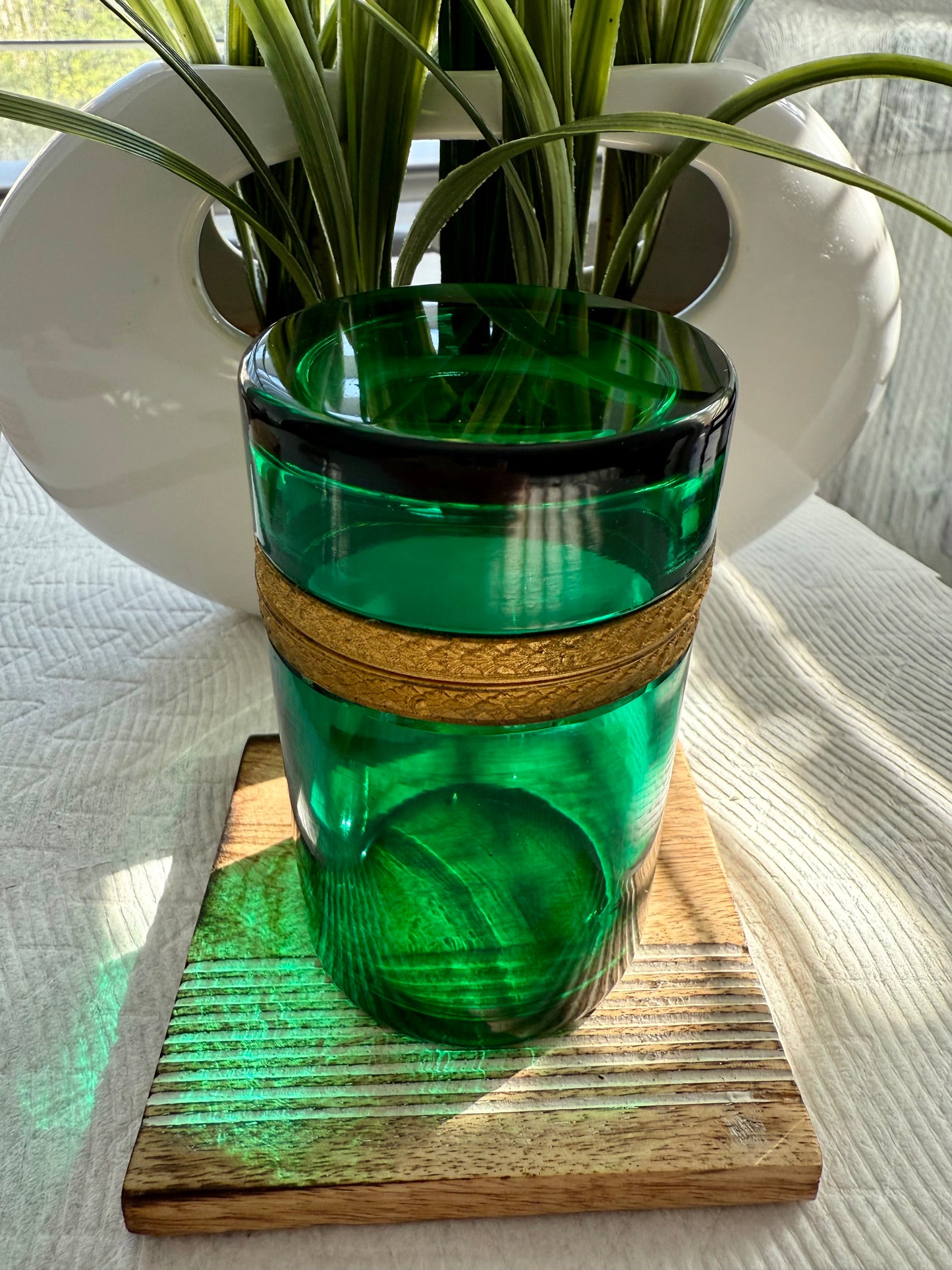 Antique Emerald Green Italian Murano Glass Cylindrical Jewelry or Trinket Box with Bronze Dore Gold Brass Mounts