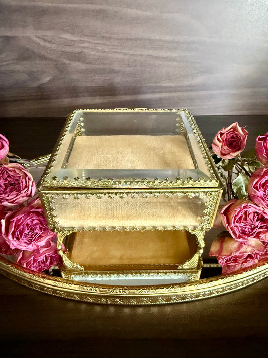 French Style Beveled Glass Vintage Brass Footed Jewelry Casket or Trinket Box from the 1950s