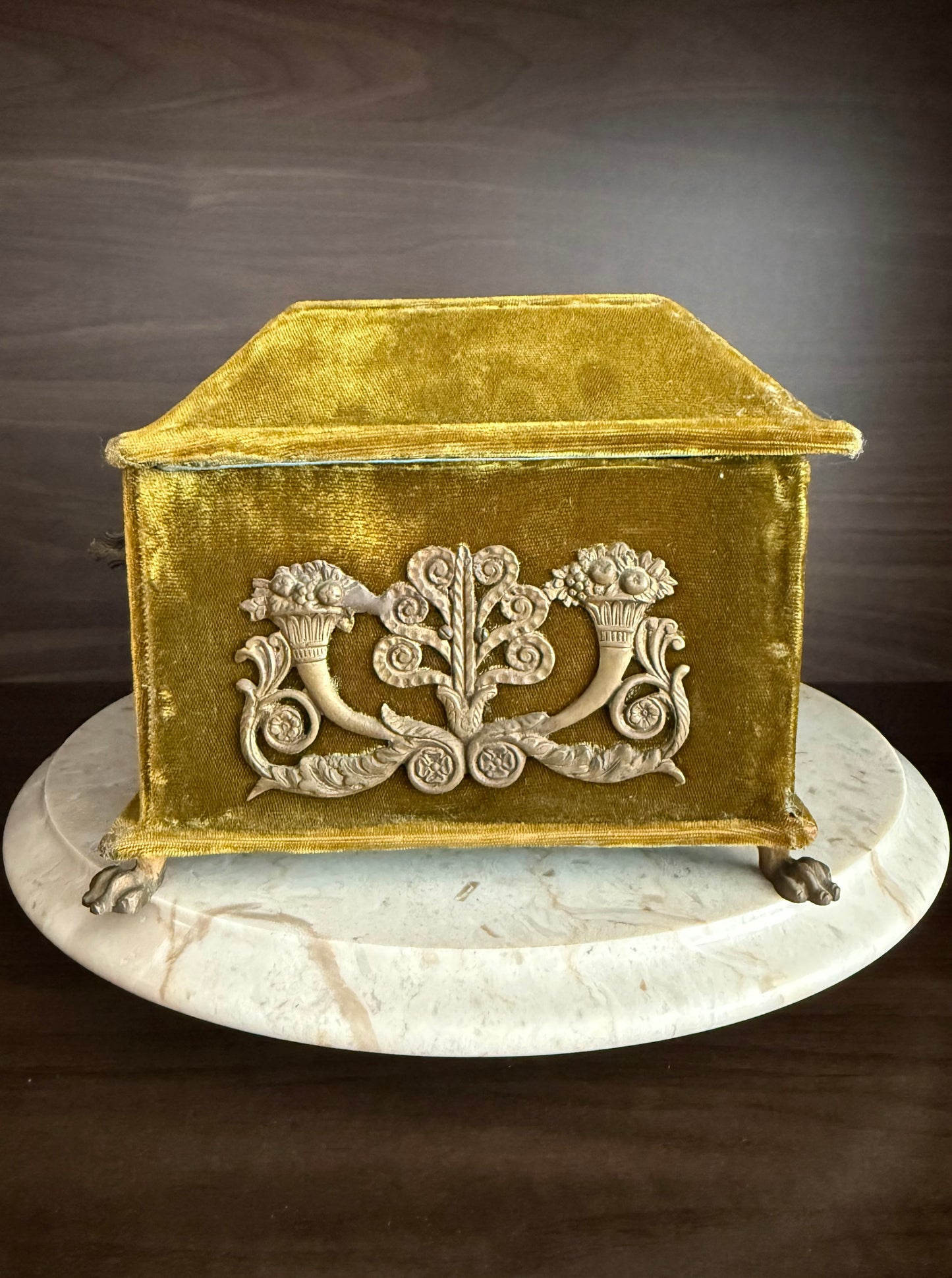Antique Victorian Jewelry Box “Boudoir” or Sewing Box in Mustard/ Golden/ Green Velvet, Inside Blue Silk from the Early 20th Century