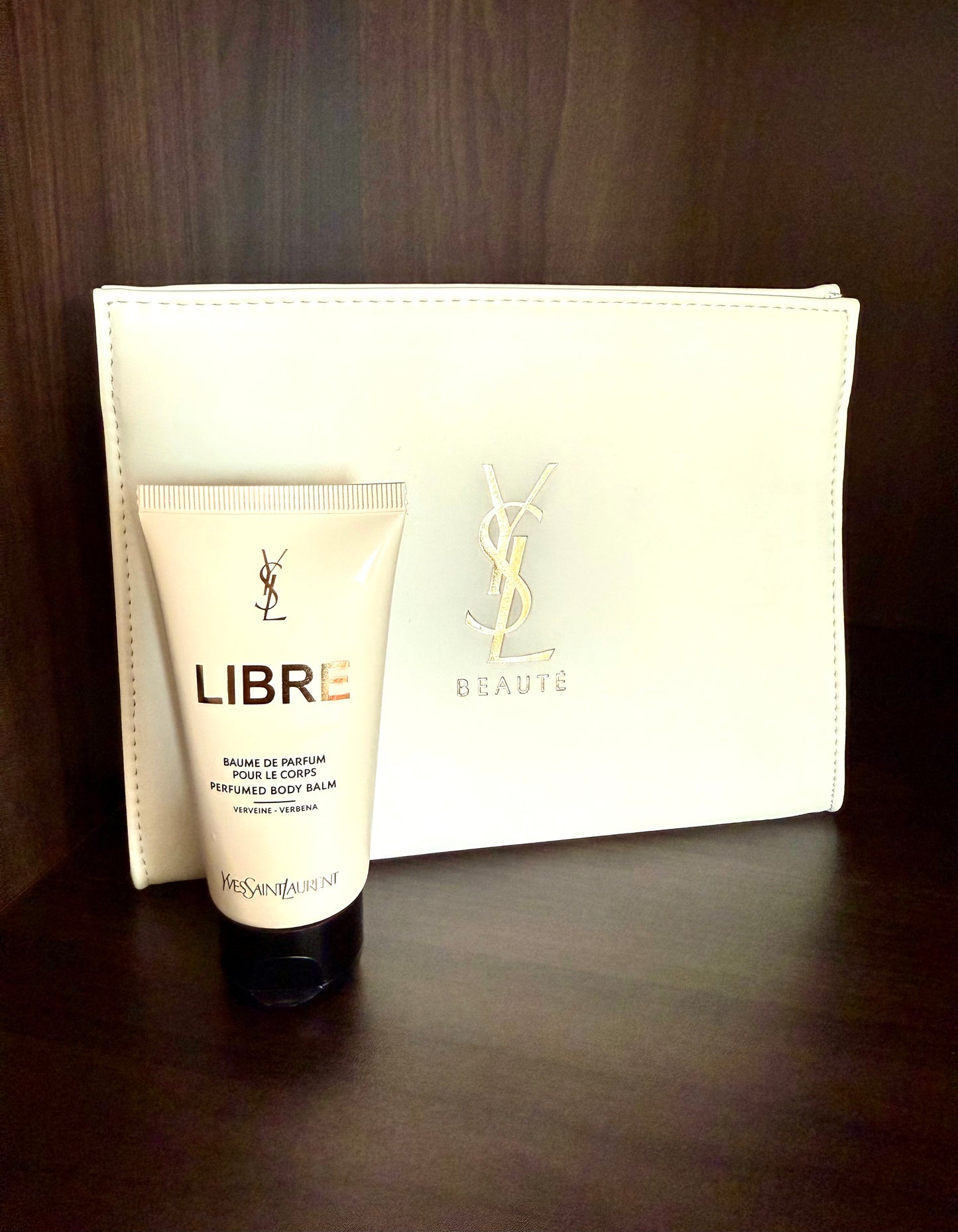 Yves Saint Laurent YSL White Makeup Bag with LIBRE Perfumed Body Balm, New - Never Used