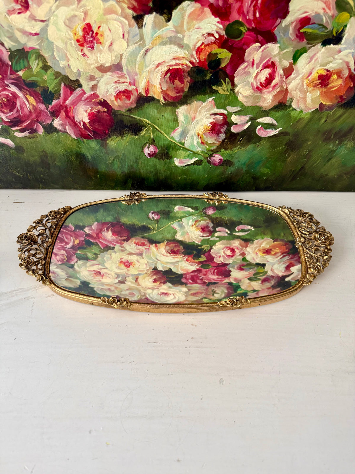 Matson Hollywood Regency Vintage Ornate 24K Gold Gilt Vanity Perfume Mirror Tray with Roses Motifs