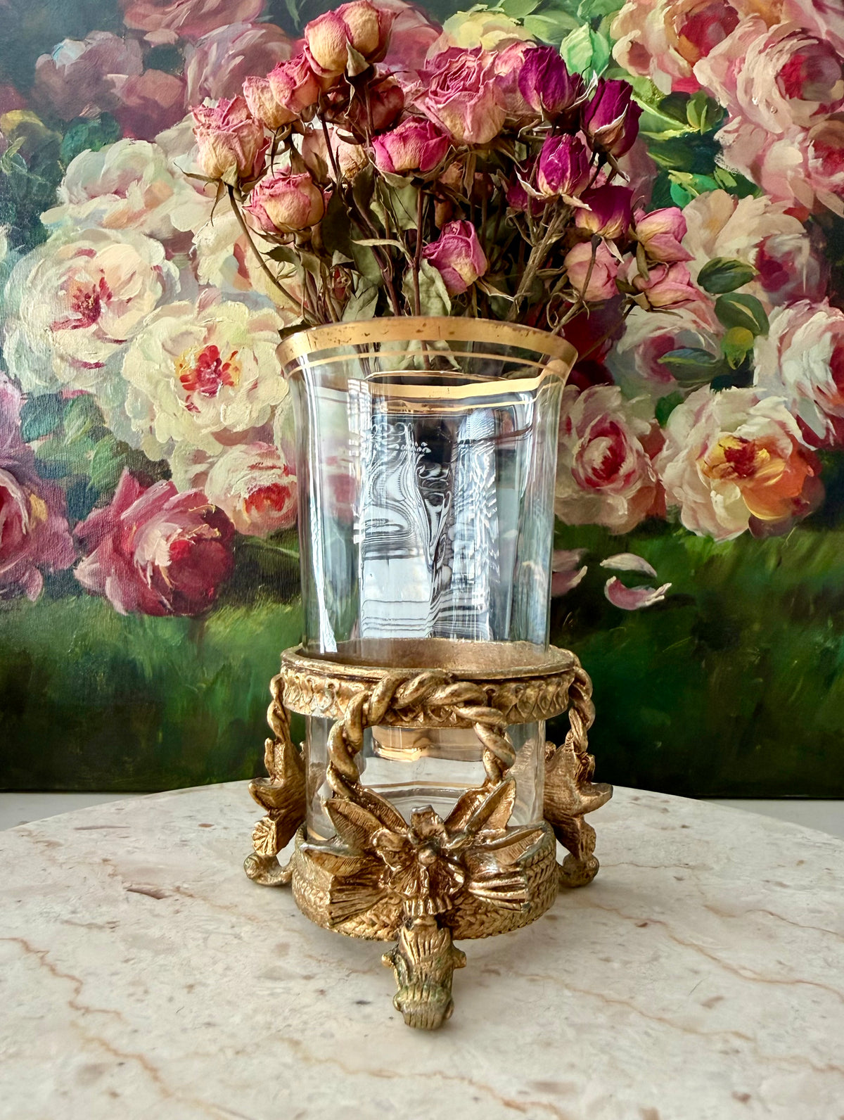 Vintage Hollywood Regency Italian Style Gold-plated Brass Ornate Floral Tumbler Stand with Glass Vase