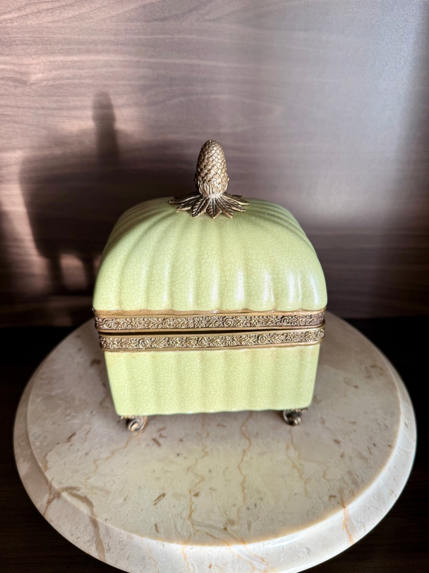 Vintage Porcelain Trinket Dish or Jewelry Box in a Glossy Crackle finish & Bronze Trims on four Legs