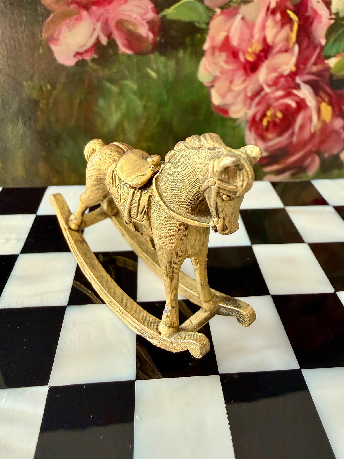 1970s Vintage Max Factor Gold-toned Metal “Rocking Horse” Perfume Compact