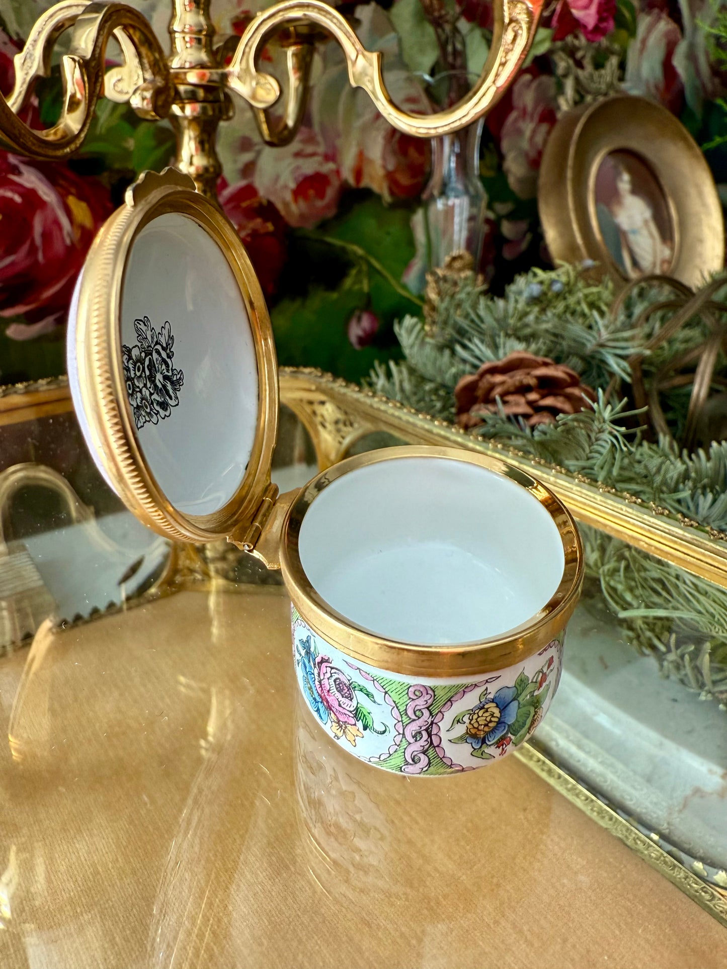 Halcyon Days Vintage Hand-Painted Enamel Floral Jewelry or Trinket Box, Made in England