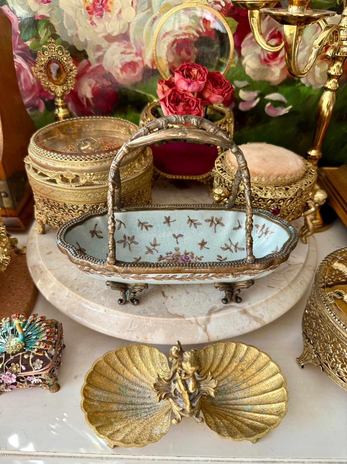 Antique-Looking Art Nouveau Style Porcelain Floral Crackle Glazed Footed Basket Trinket Dish with Bronze Handle