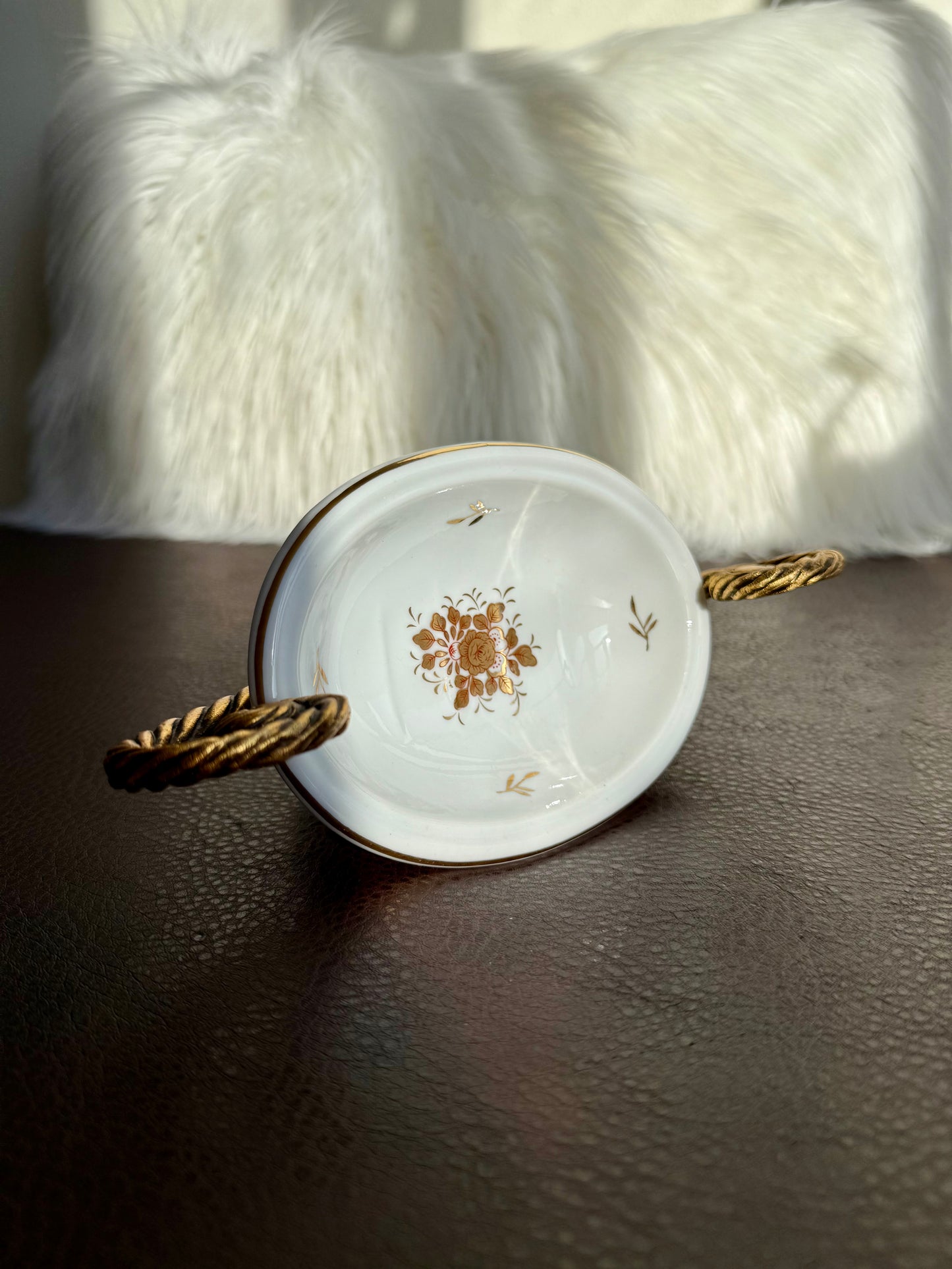 Vintage Victorian Style Porcelain Oval Soap Dish with Gilded Brass Handles