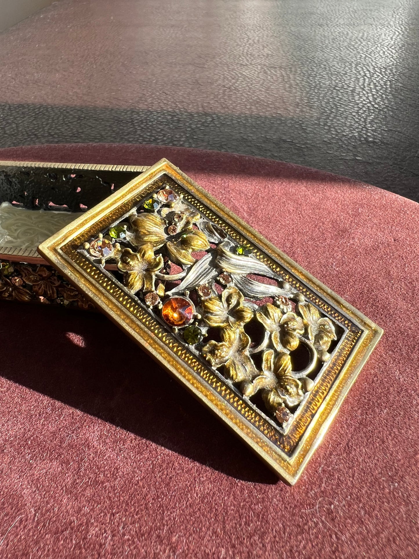 Enameled Vintage Metal Jewelry/ Trinket Box with Colorful Rhinestone Jewels