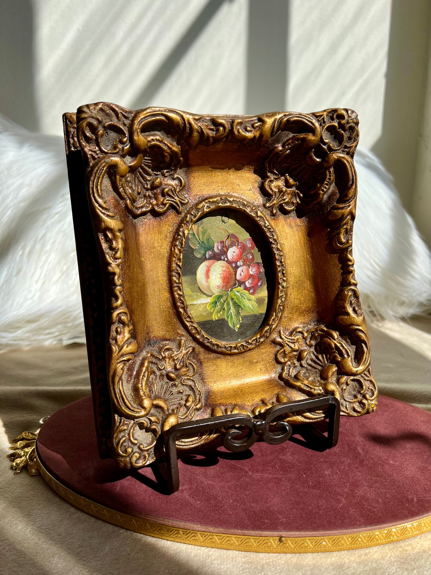 Peach and Grapes Miniature Oil Painting Wall Art With Gilded Wooden Frame