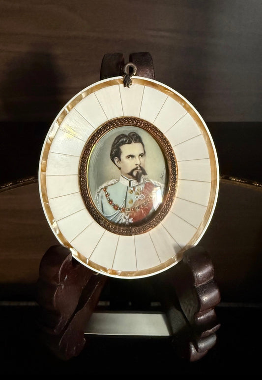 19th-century Antique Miniature Painting Portrait of King Ludwig II of Bavaria with Mother-of-Pearl Frame