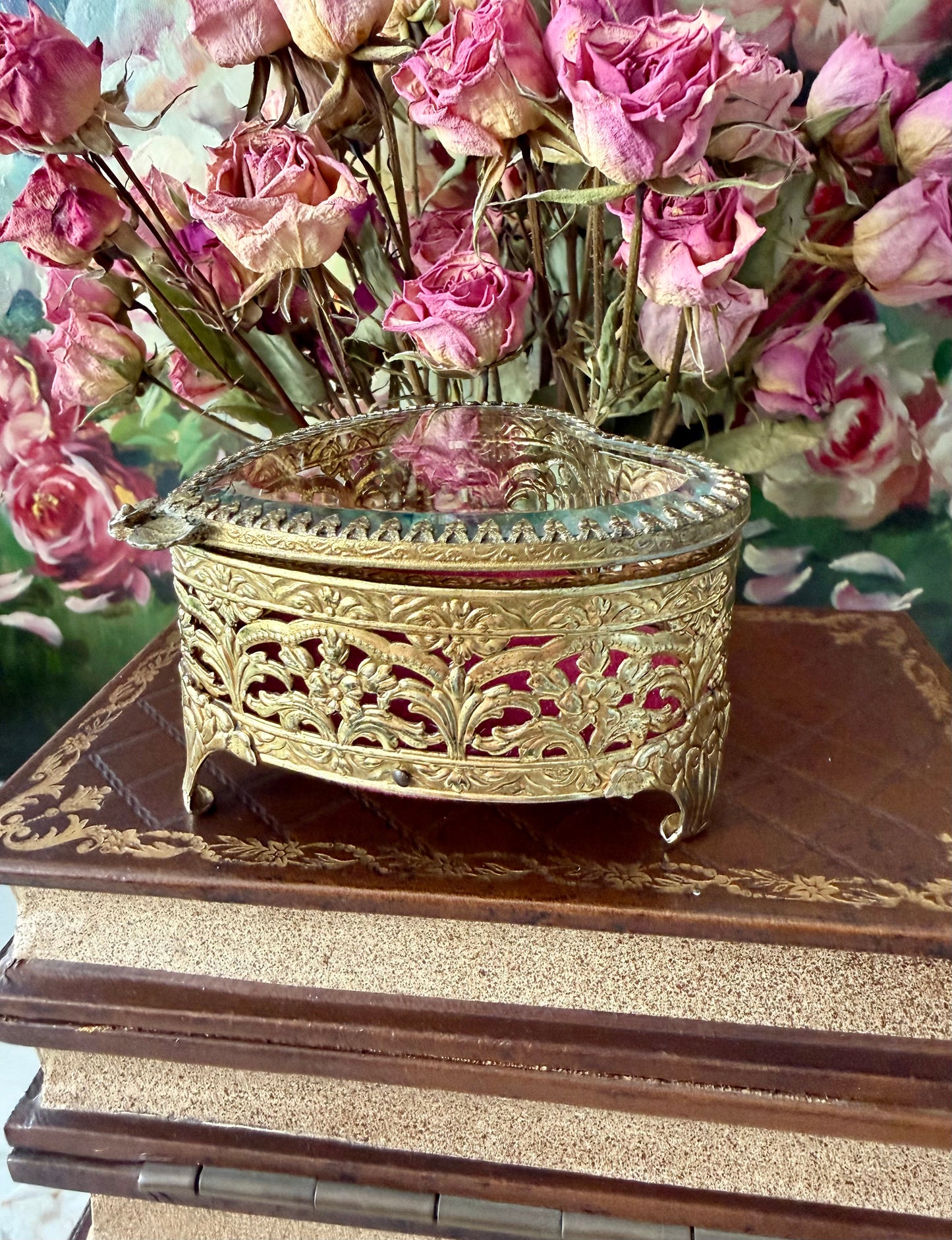 Antique French Style Gold-plated Ormolu Filigree Heart-shaped Trinket or Jewelry Box with a Plush Red Velvet Lining
