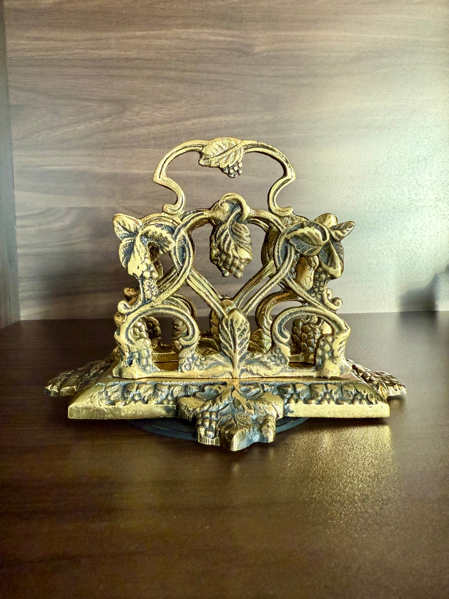 Vintage Brass Letter or Napkin Holder Desk Organizer with Grape Leaf Decoration, Made in England