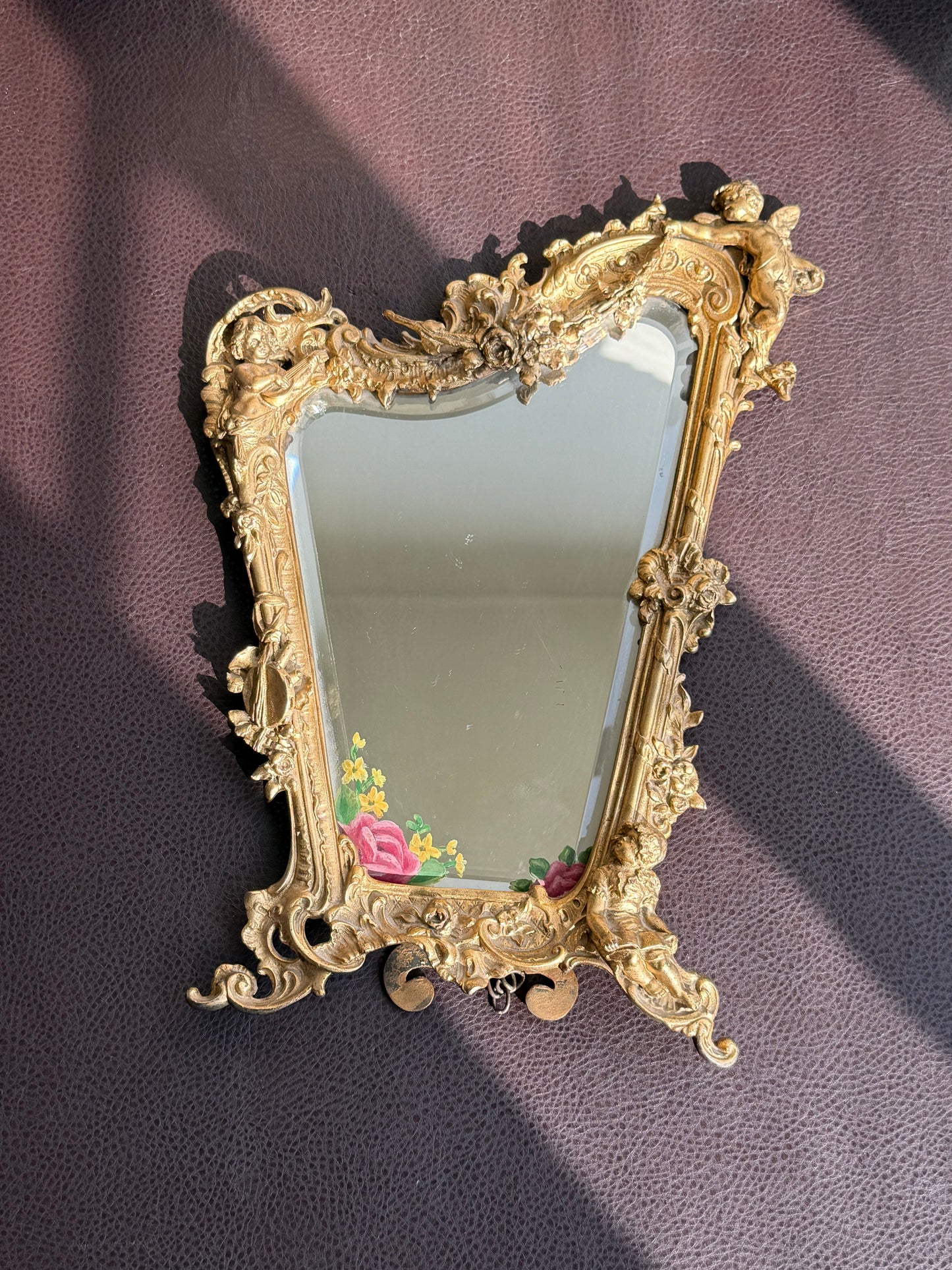 Antique Italian Rococo-Style Table Mirror with Gilded Frame, Featuring Putti (cherubs) Decor and Floral Painting