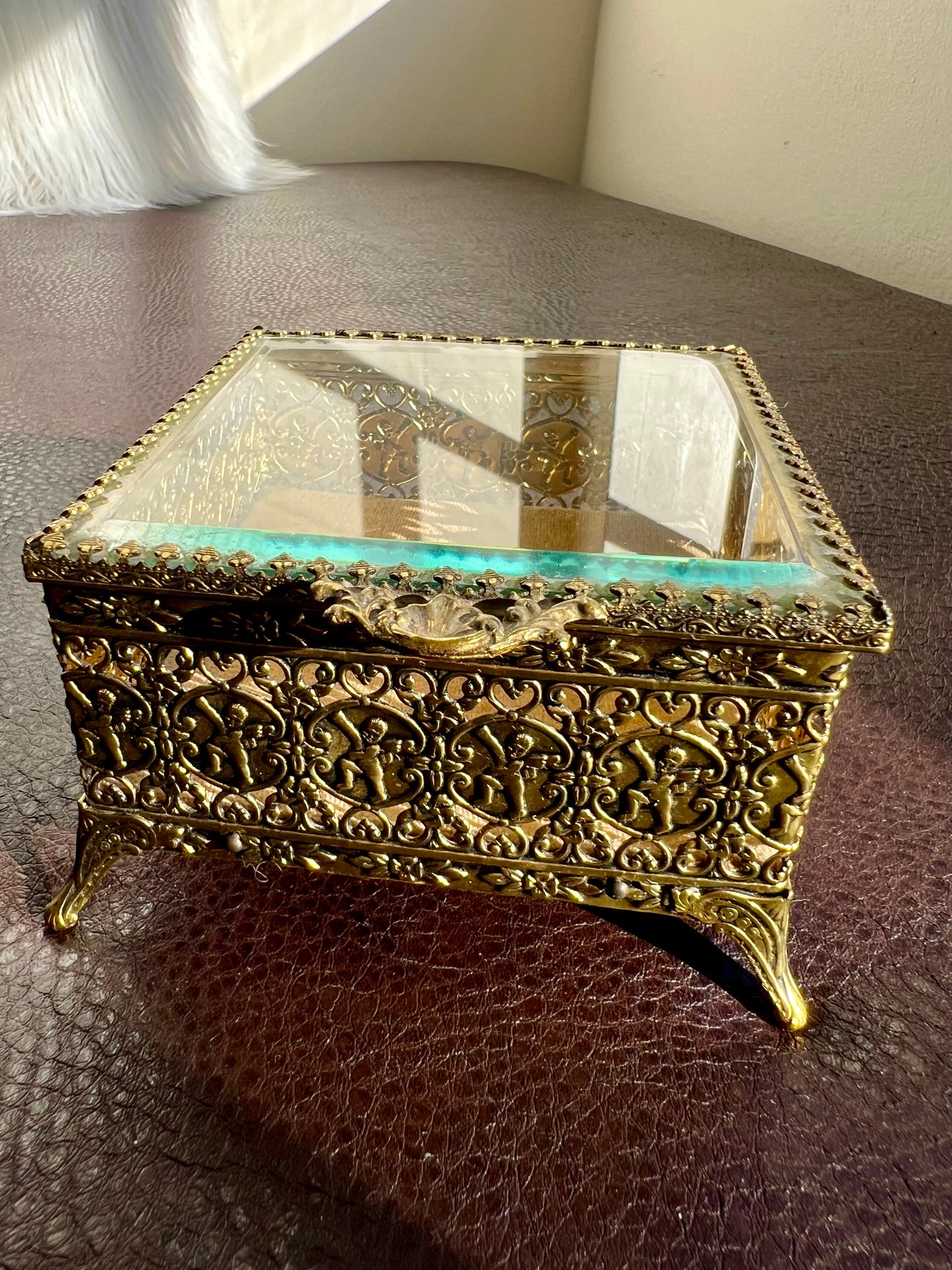 Gold Plated Filigree Ormolu Vintage Jewelry Box Square Footed with Velvet Lining Hinged Lid, Hollywood Regency StyleBuilt Style