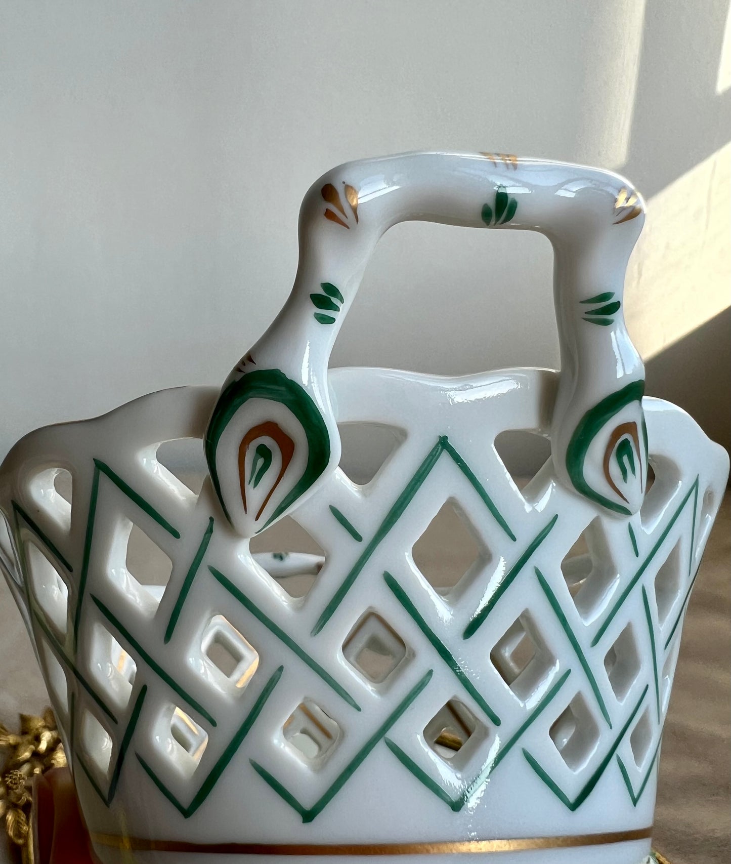 Herend Handpainted Chinese Green Bouquet Open Weave Basket Handles Porcelain