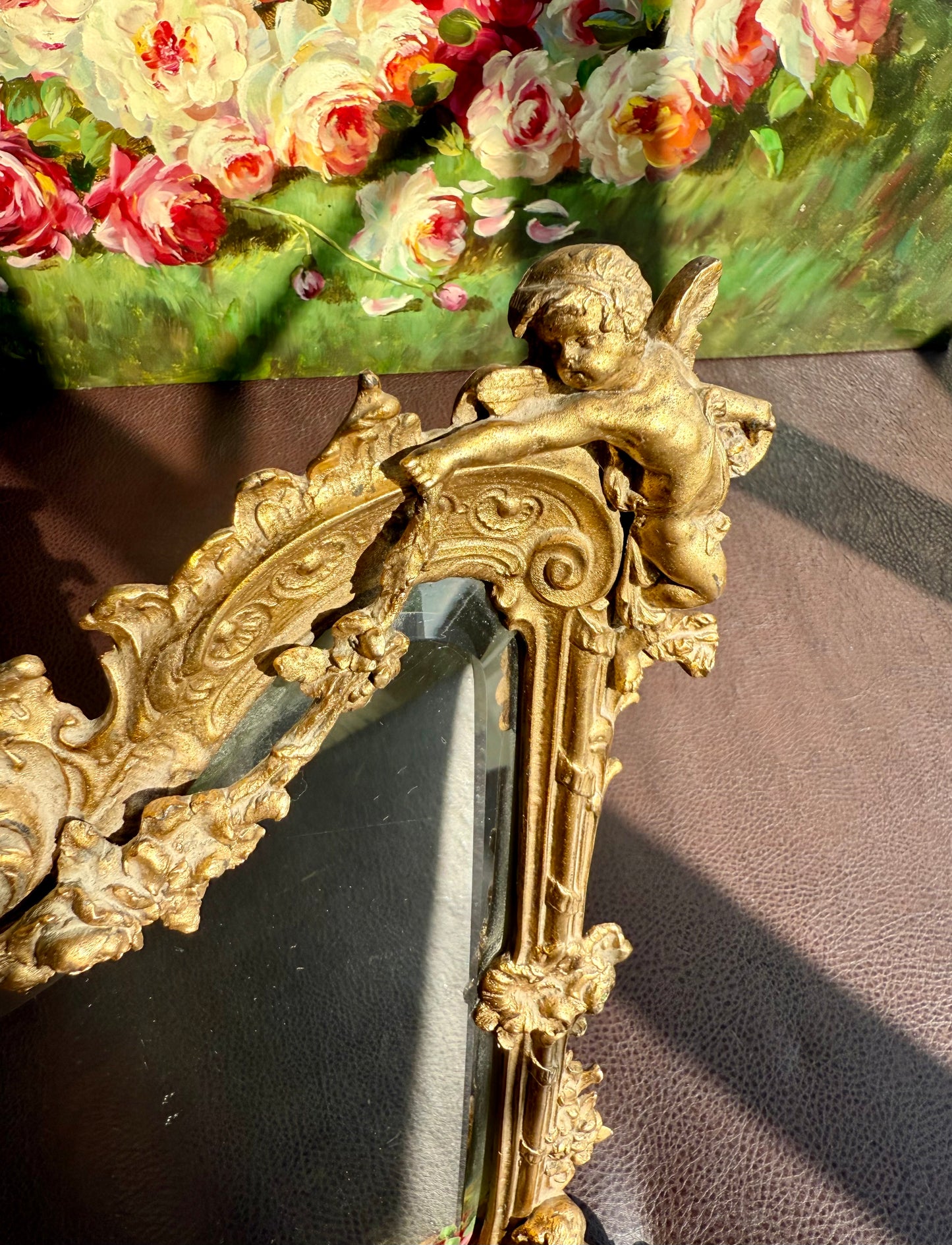 Antique Italian Rococo-Style Table Mirror with Gilded Frame, Featuring Putti (cherubs) Decor and Floral Painting