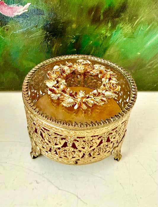 Hollywood Regency Vintage Round Gold plated Jewelry/ Trinket Box with Floral Decoration on the Lid