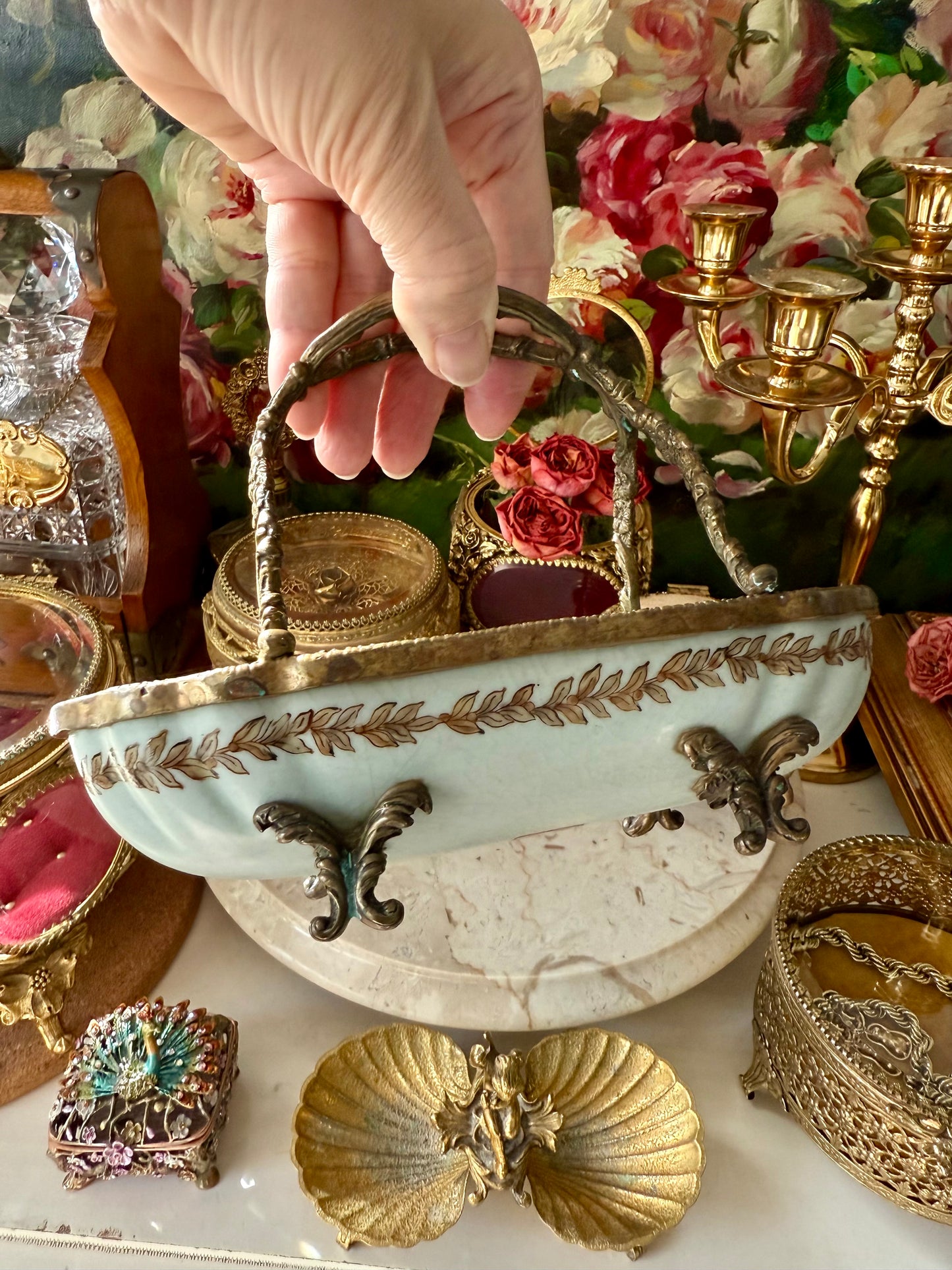 Antique-Looking Art Nouveau Style Porcelain Floral Crackle Glazed Footed Basket Trinket Dish with Bronze Handle