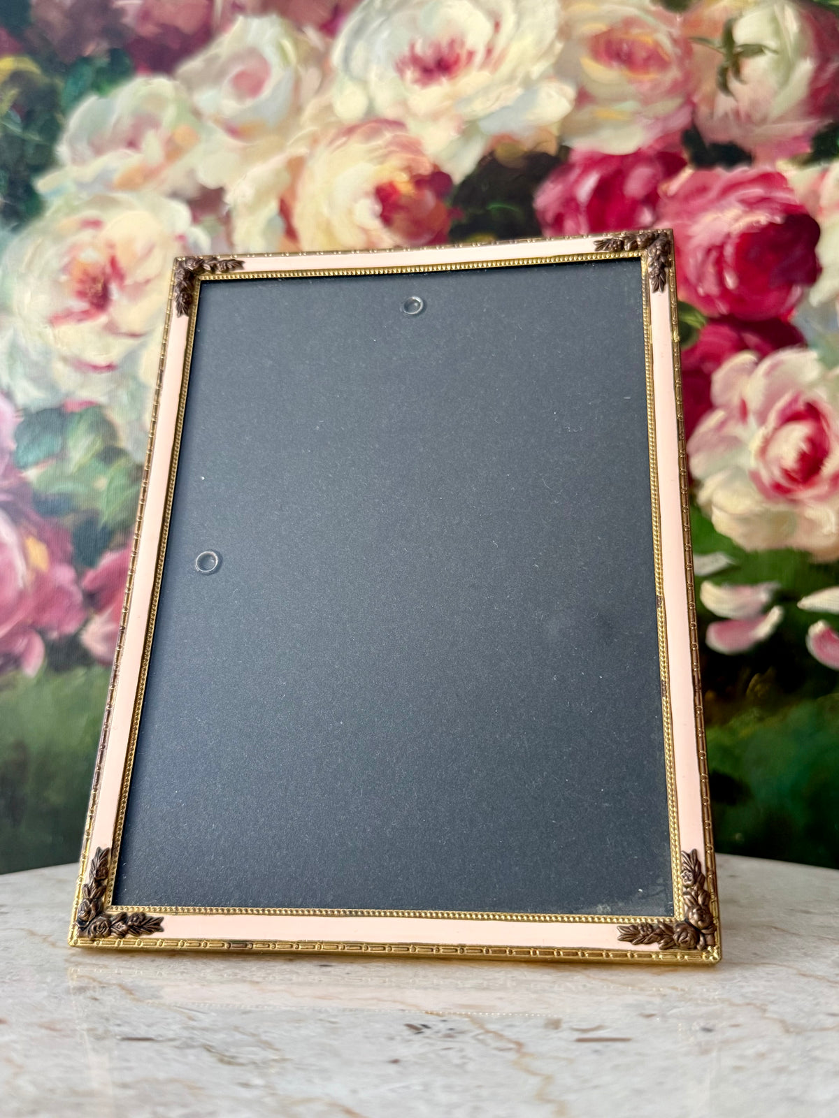Elegant Gold-tone Classic Leaf and Floral Motif and Pastel Pink Enamel Style Vintage Photo or Picture Frame