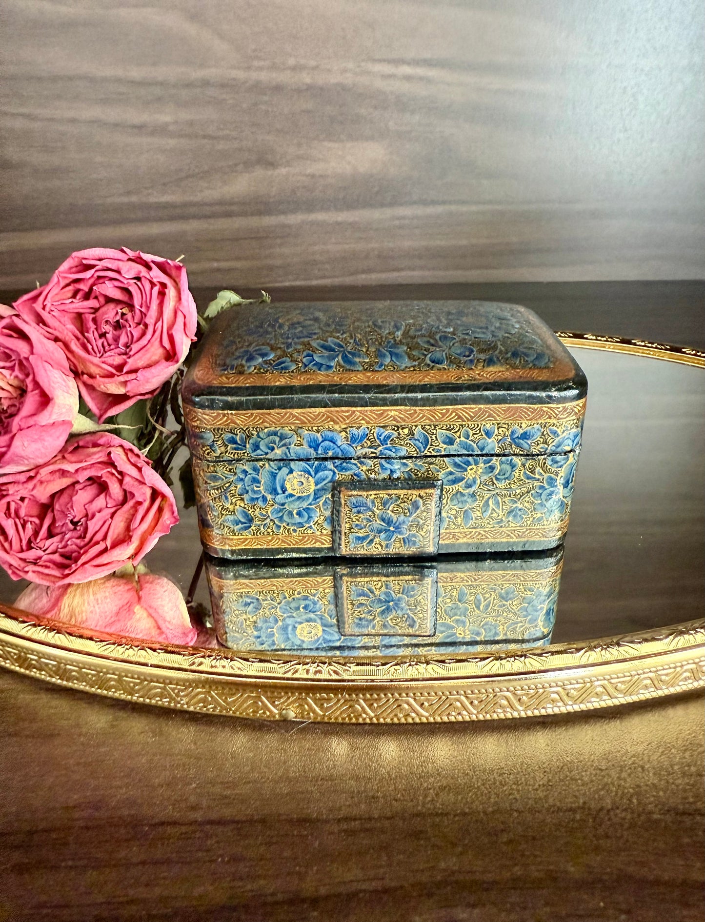 Beautiful Vintage Blue and Gold Hand-Painted Wooden Kashmir Papier-Maché Ring Holder or Jewelry Box