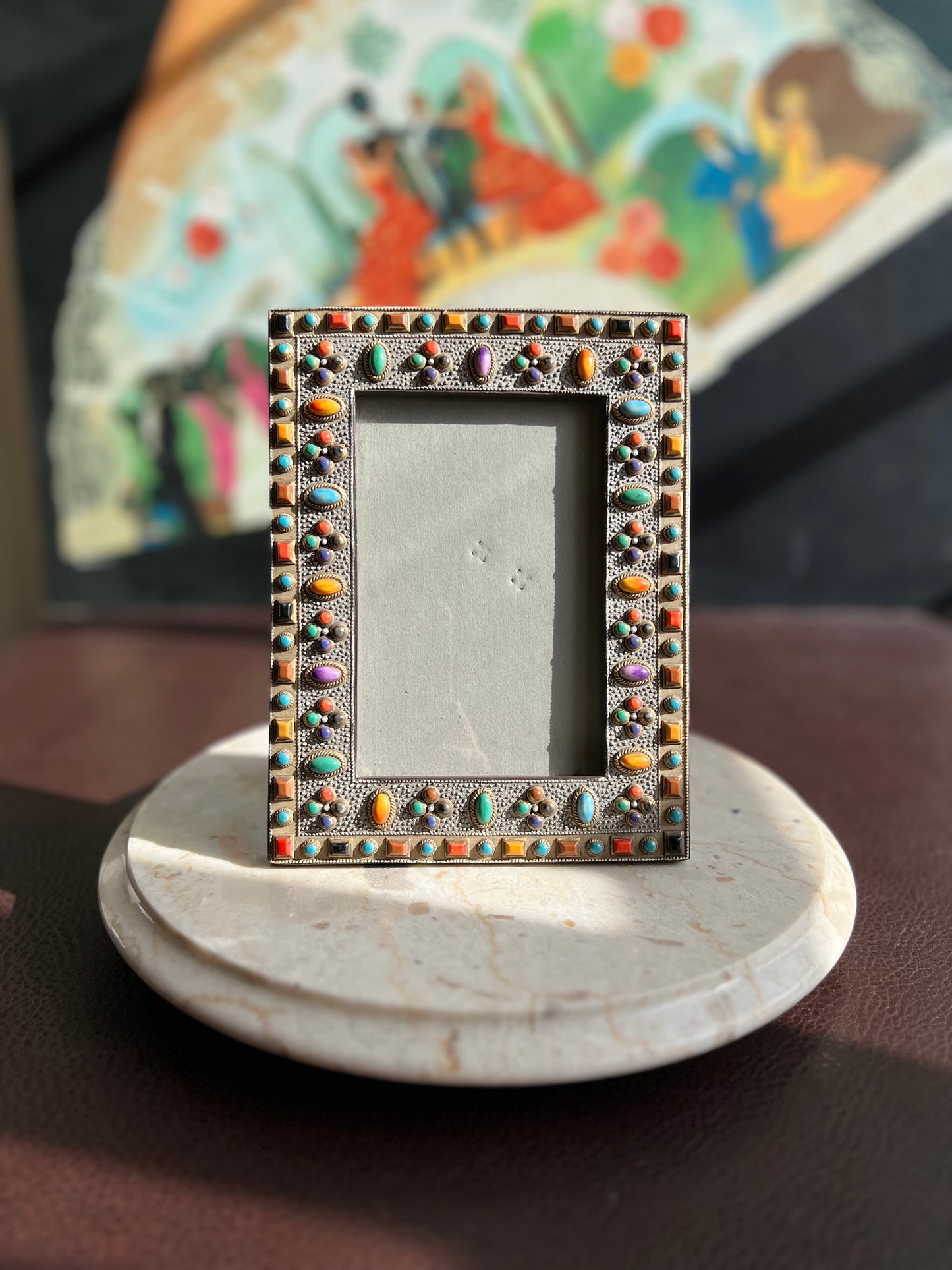 Antique Look Ornate Colorful Semi-Precious Stones in a Vintage Photo Frame from the 80, or 90s