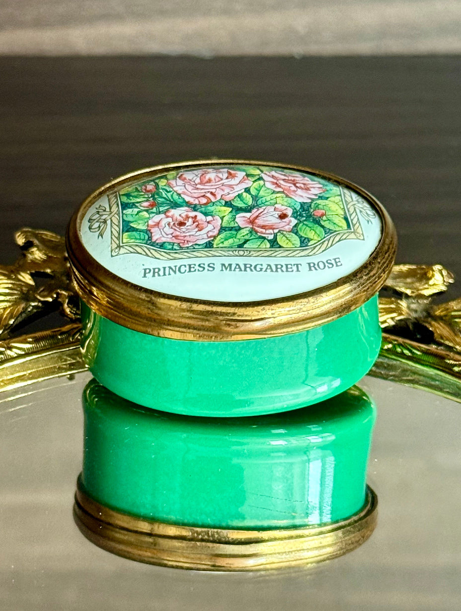 Bilston & Battersea Enamels Vintage Princess Margaret of England Hybrid Tea Rose Jewelry or Trinket Box - Made in England