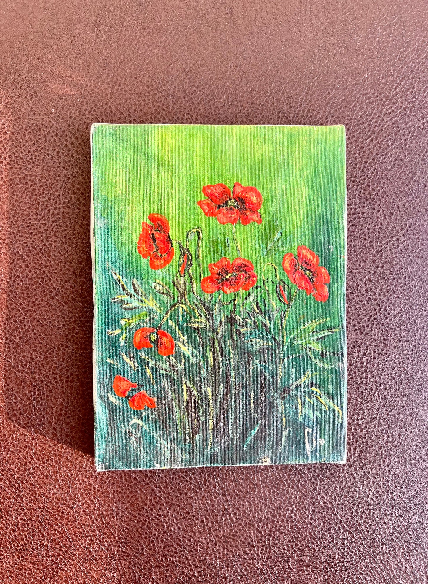 Colorful Field of Poppies Vintage Original Oil Painting on Canvas without Frame, Signed by Artist