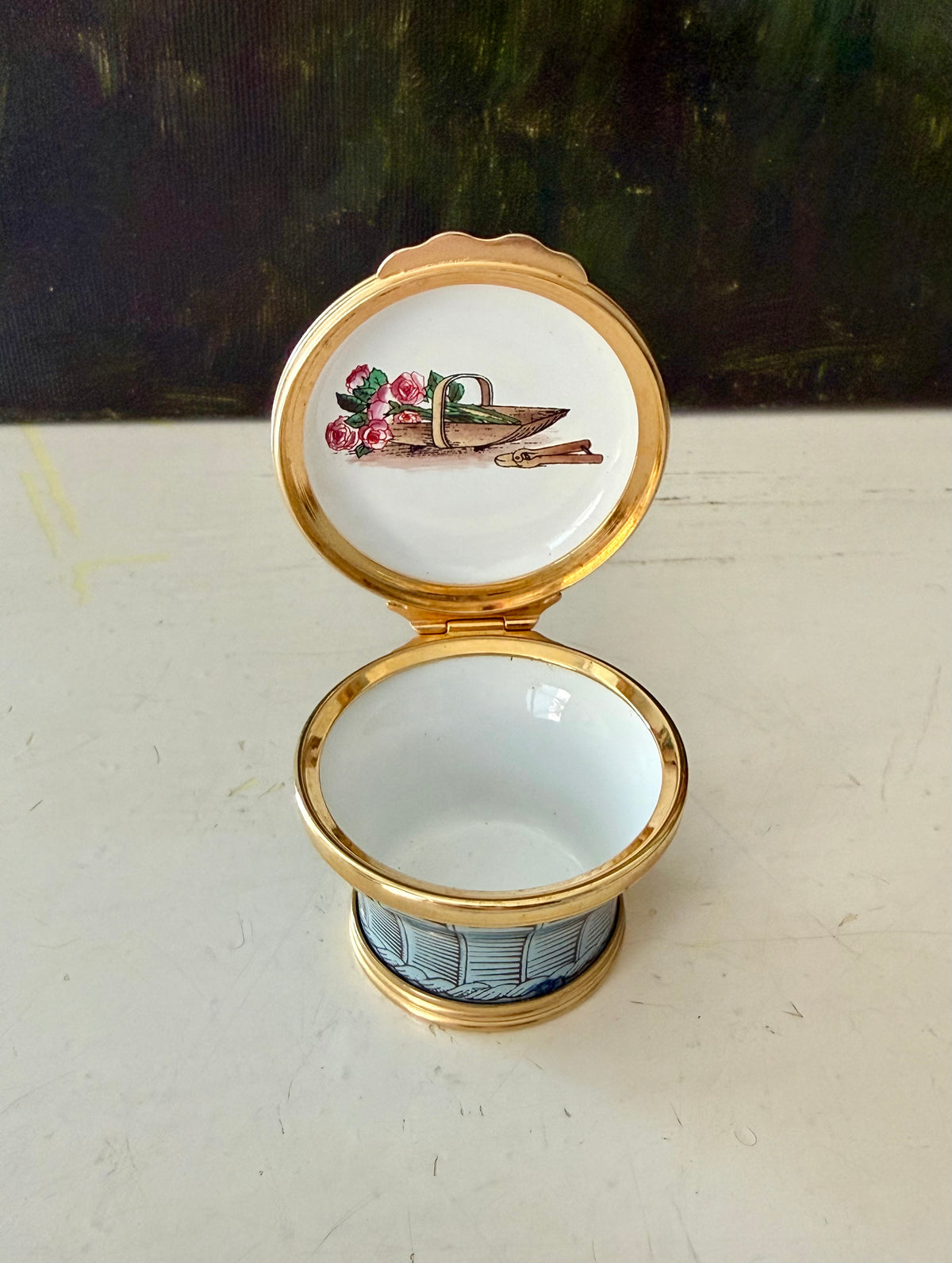 1980s Halcyon Days "GARDEN OF MY DREAMS" Vintage Enamel Trinket Box Bask, Jewelry or Pill Box - Made in England