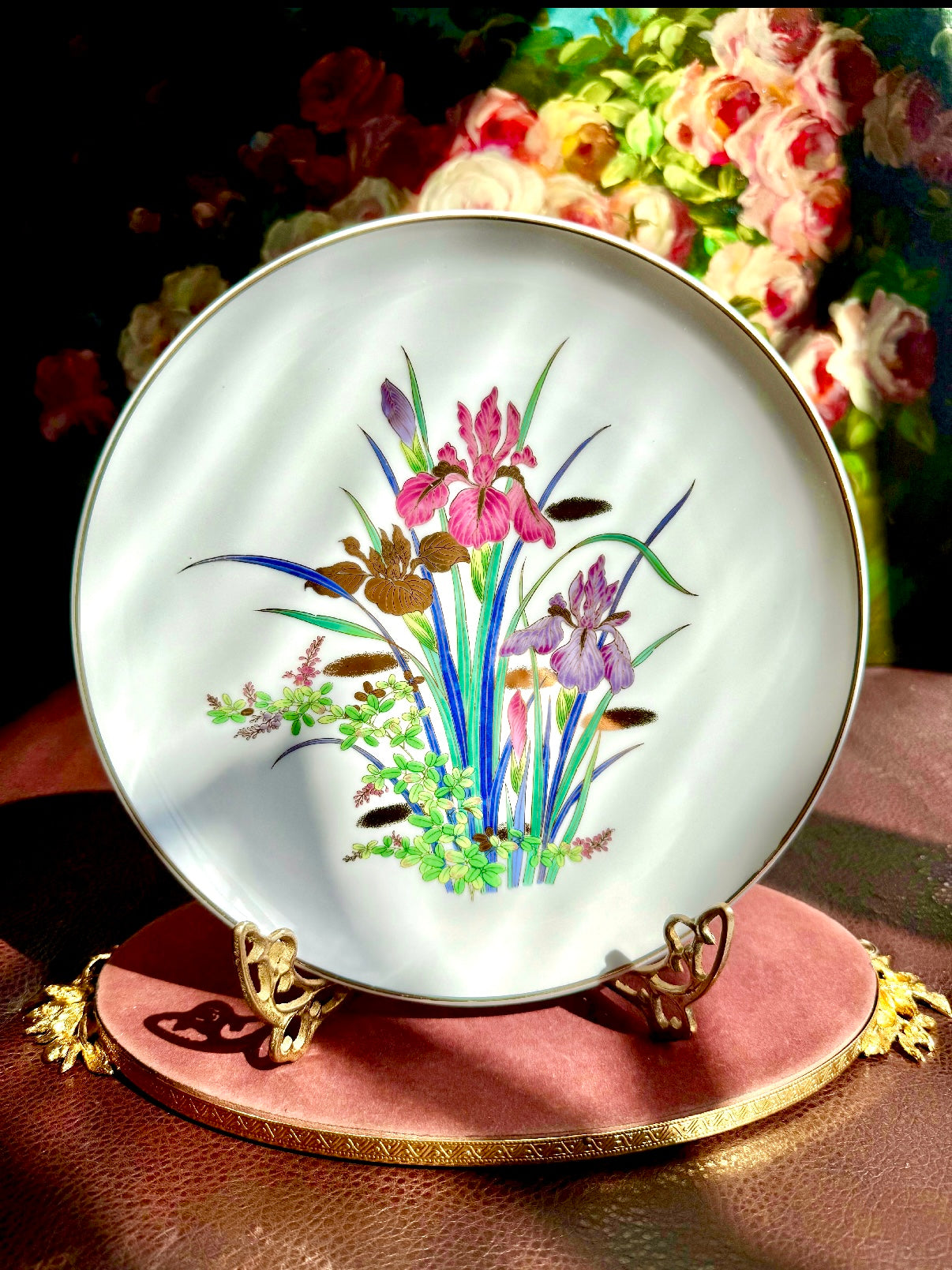 Iris Flower Design Hand-Painted and Gold Trim Vintage White Porcelain Plate - Made in Japan