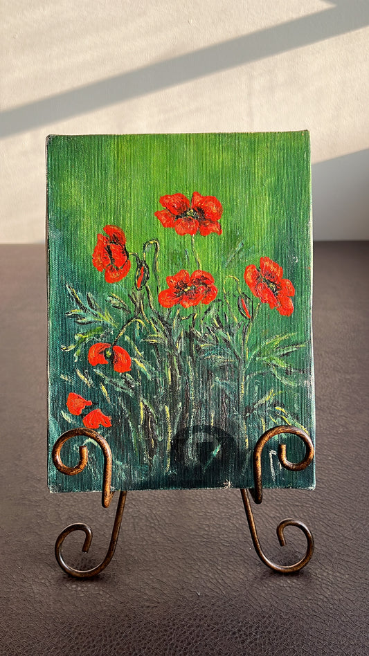 Colorful Field of Poppies Vintage Original Oil Painting on Canvas without Frame, Signed by Artist