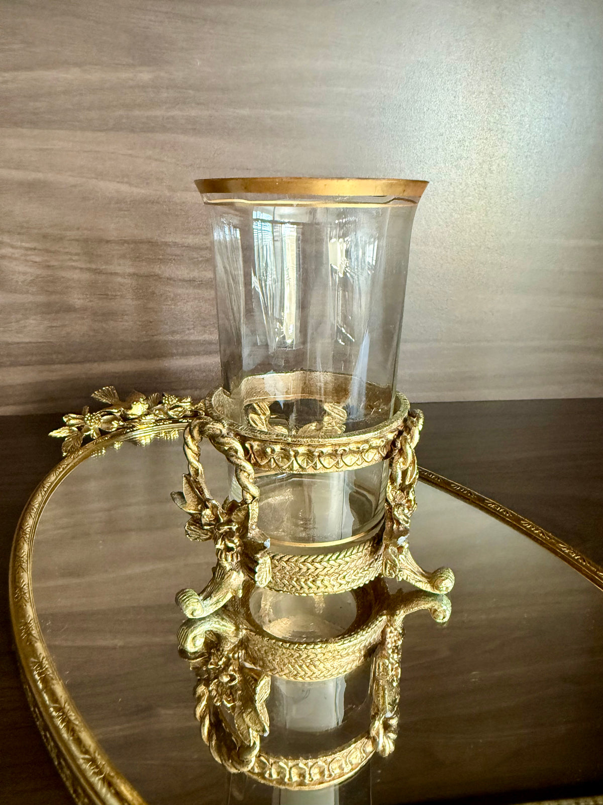 Vintage Hollywood Regency Italian Style Gold-plated Brass Ornate Floral Tumbler Stand with Glass Vase