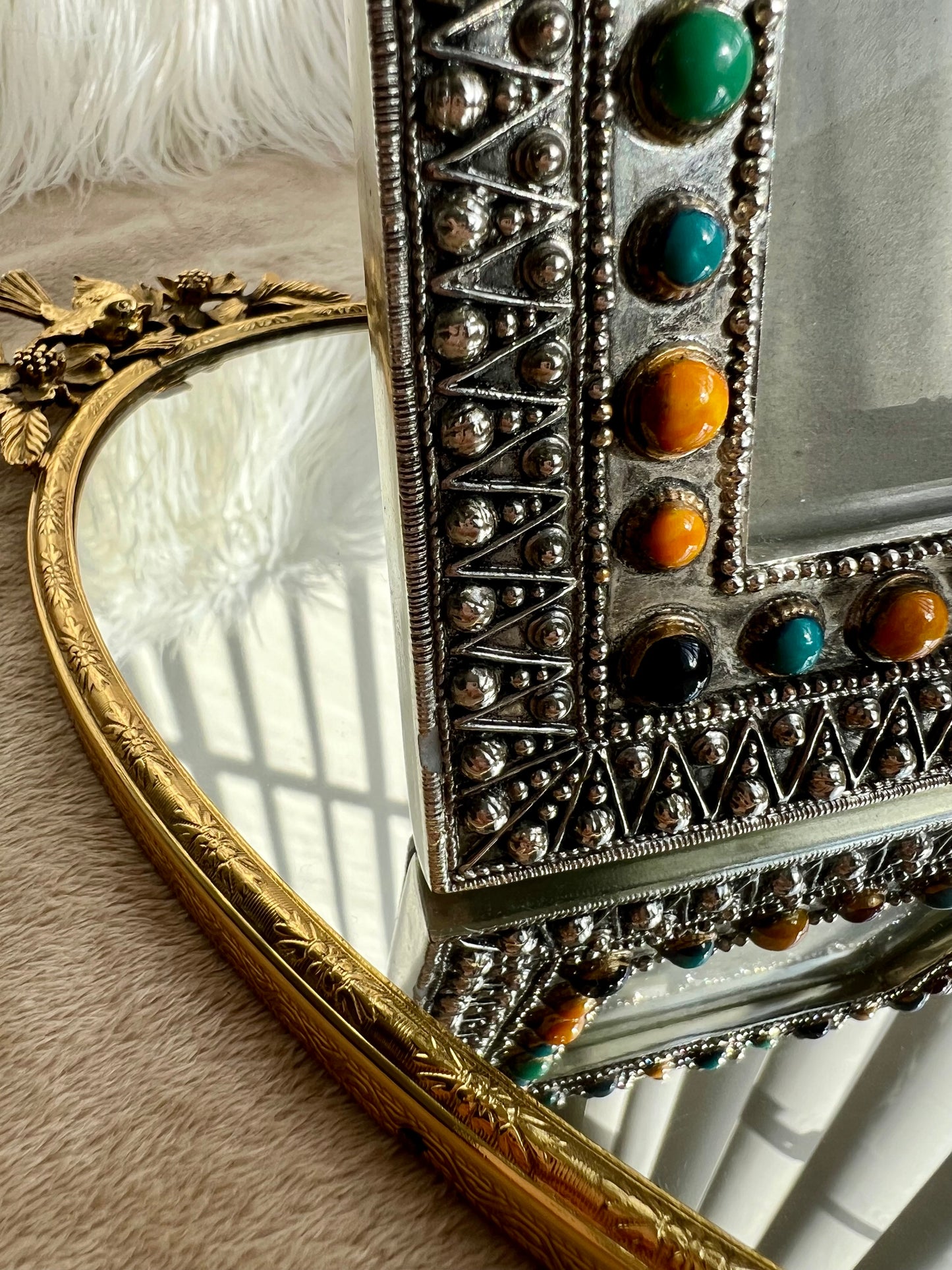 Unique Art Deco/ Pop Up Style Vinatage Silver Photo Frame with Colorful Stones Decorated