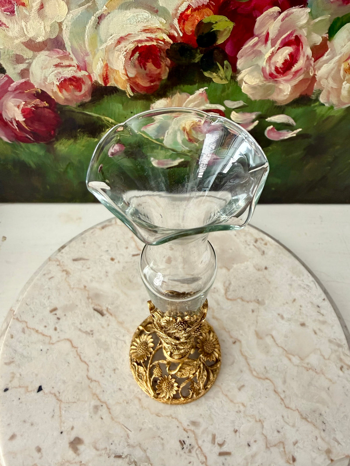 24k Vintage Matson Gold-plated Sunflower Brass Filigree Ormolu with Removable Glass Vase