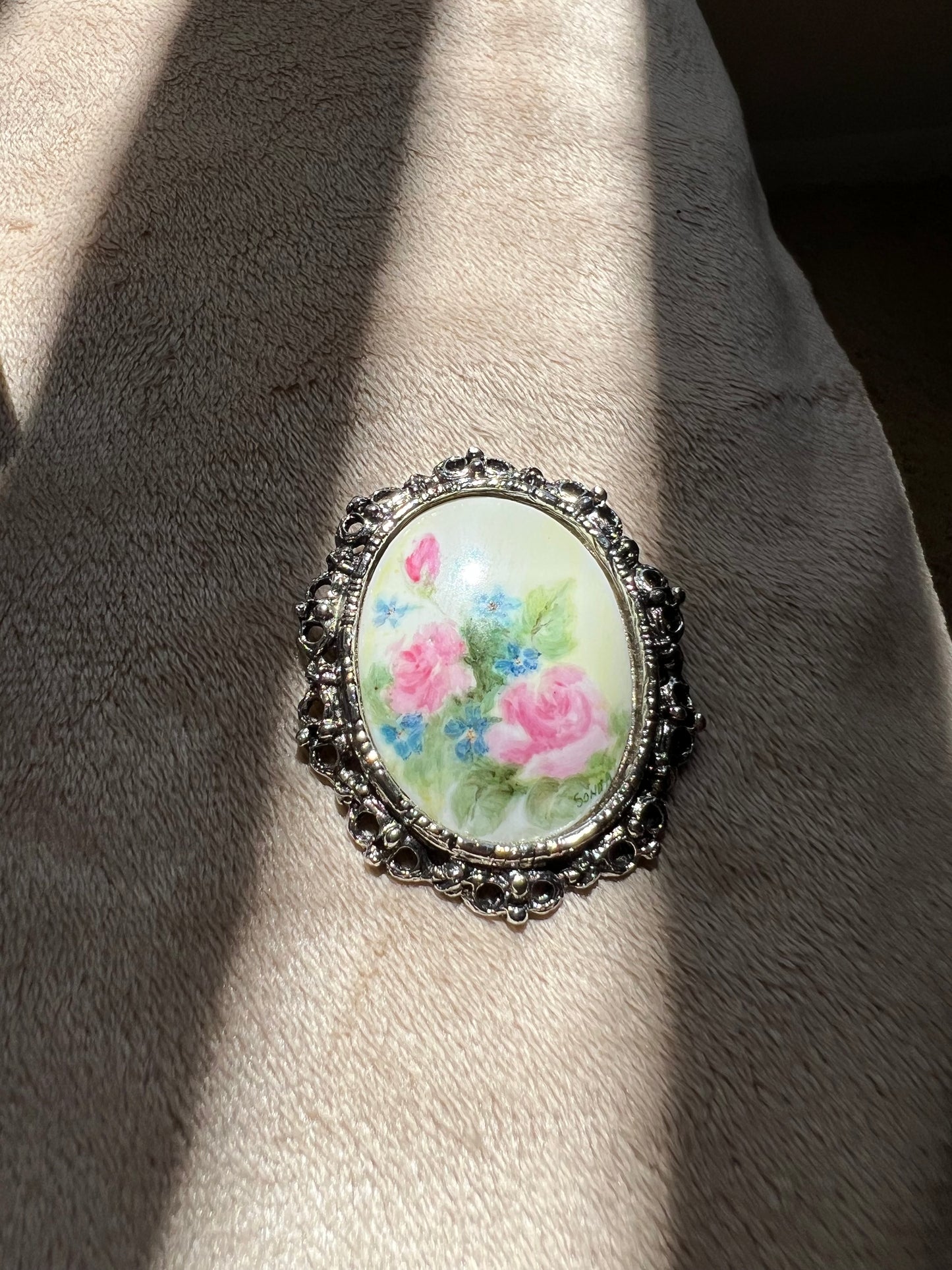 Hand Painted Porcelain Vintage Pink Roses Silver Brooch