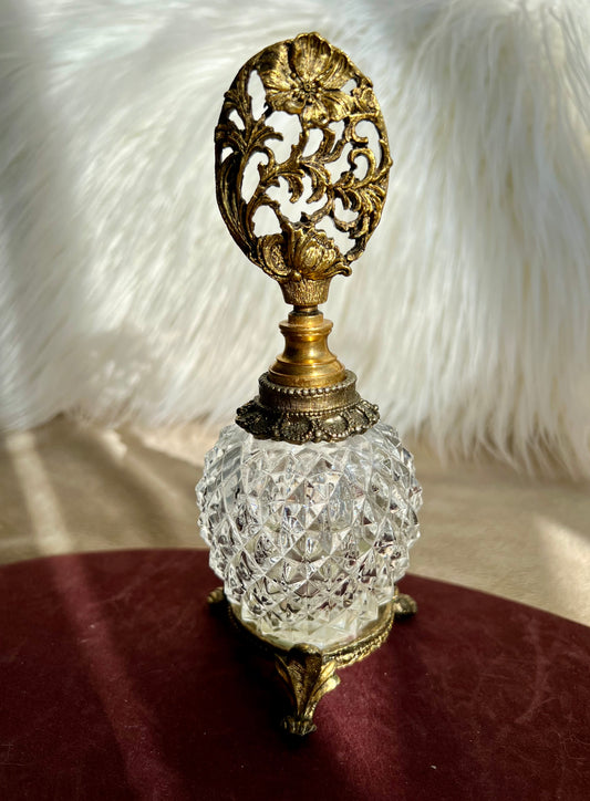 MATSON Style Ormolu Diamond Cut Glass Footed Perfume Bottle Gilt Brass With Dogwood Floral Stopper