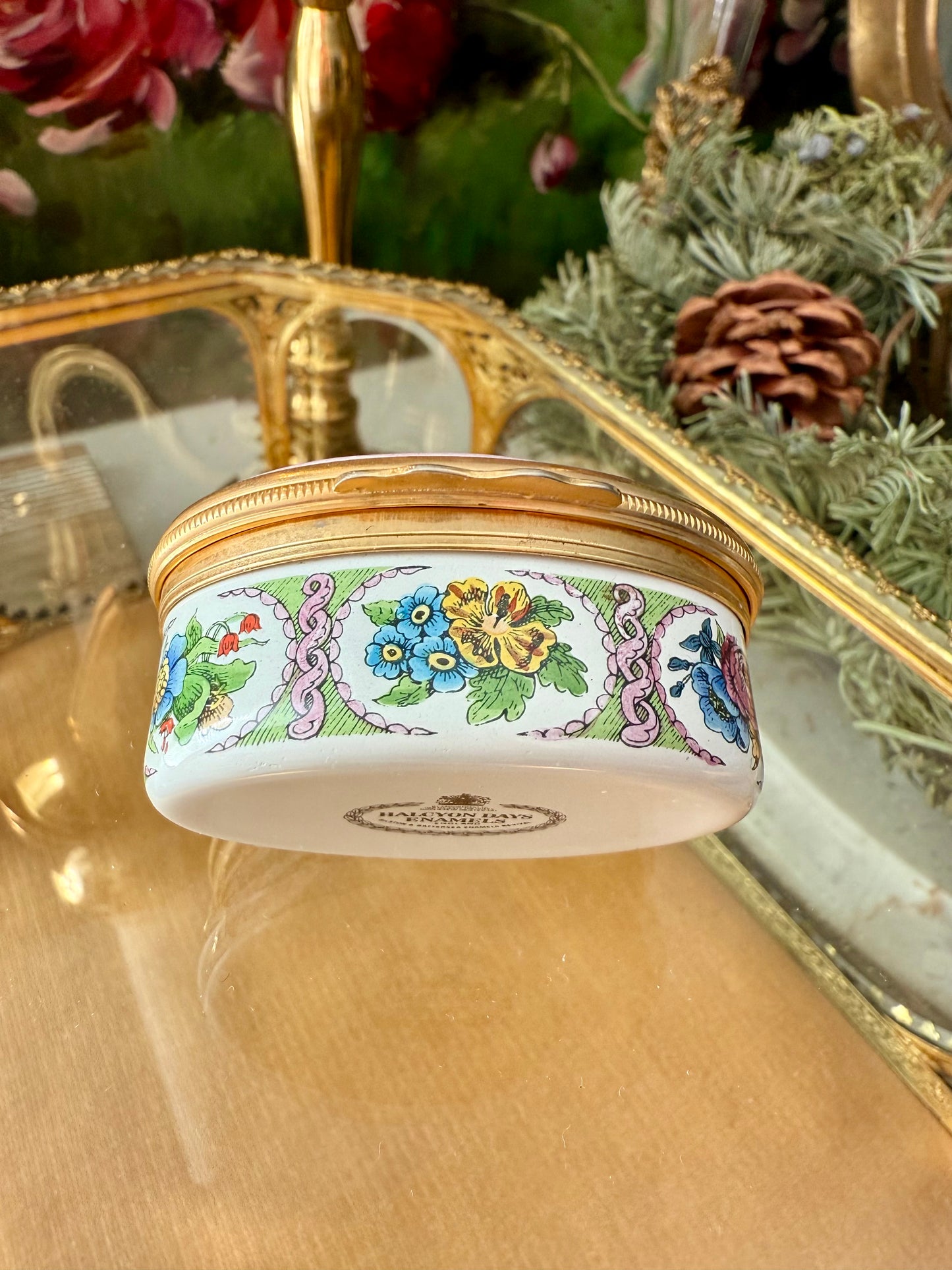 Halcyon Days Vintage Hand-Painted Enamel Floral Jewelry or Trinket Box, Made in England
