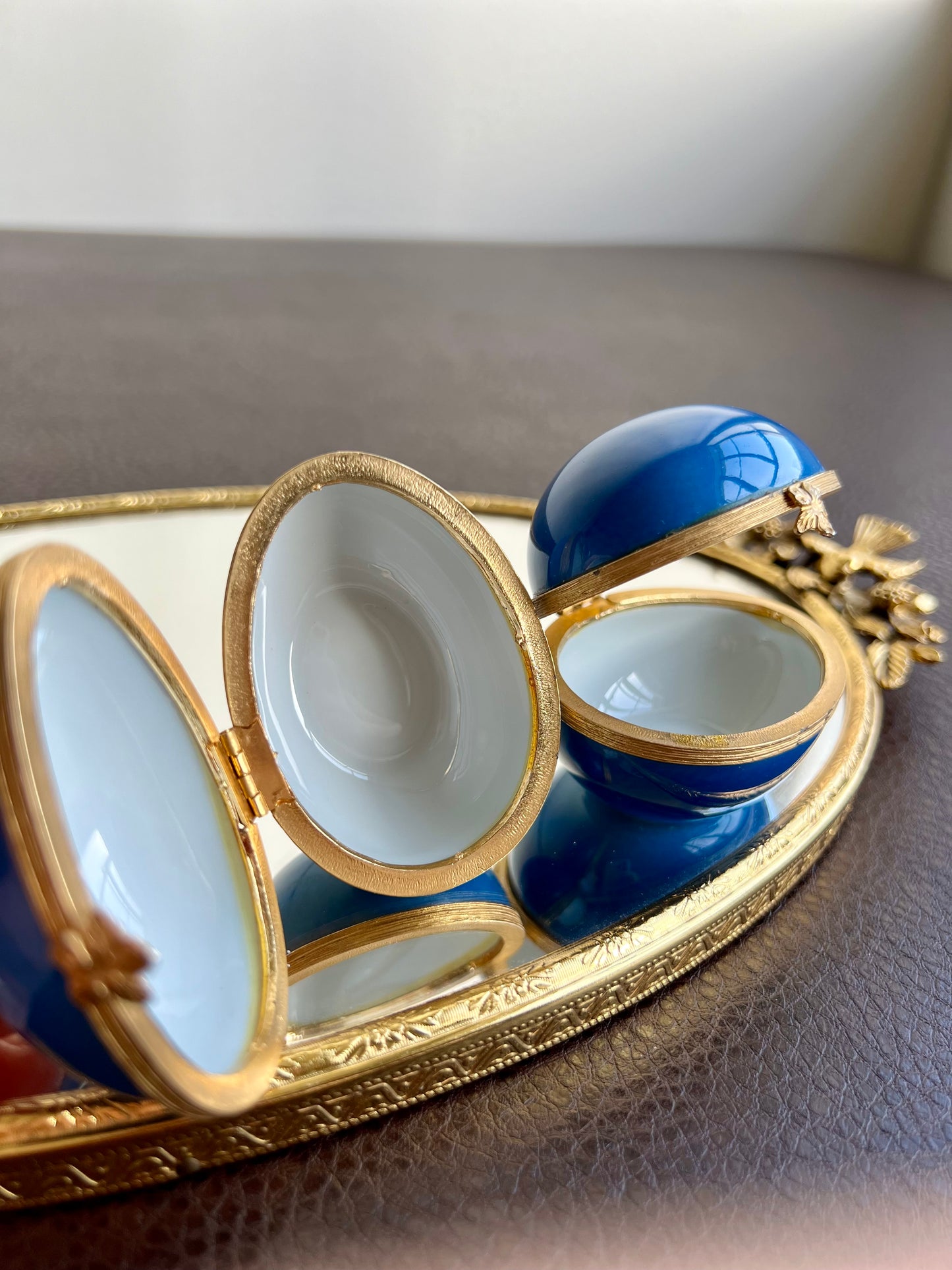 Limoges Navy Blue French Vintage Jewelry or Trinket Box Porcelain Eggs (2 pc)