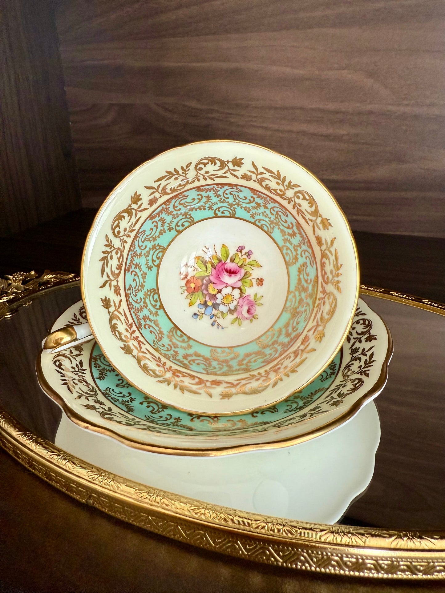 1950s Paragon Fine Bone China Vintage Aqua Green, Gold and Floral Porcelain Tea Cup and Saucer Set, Made in England