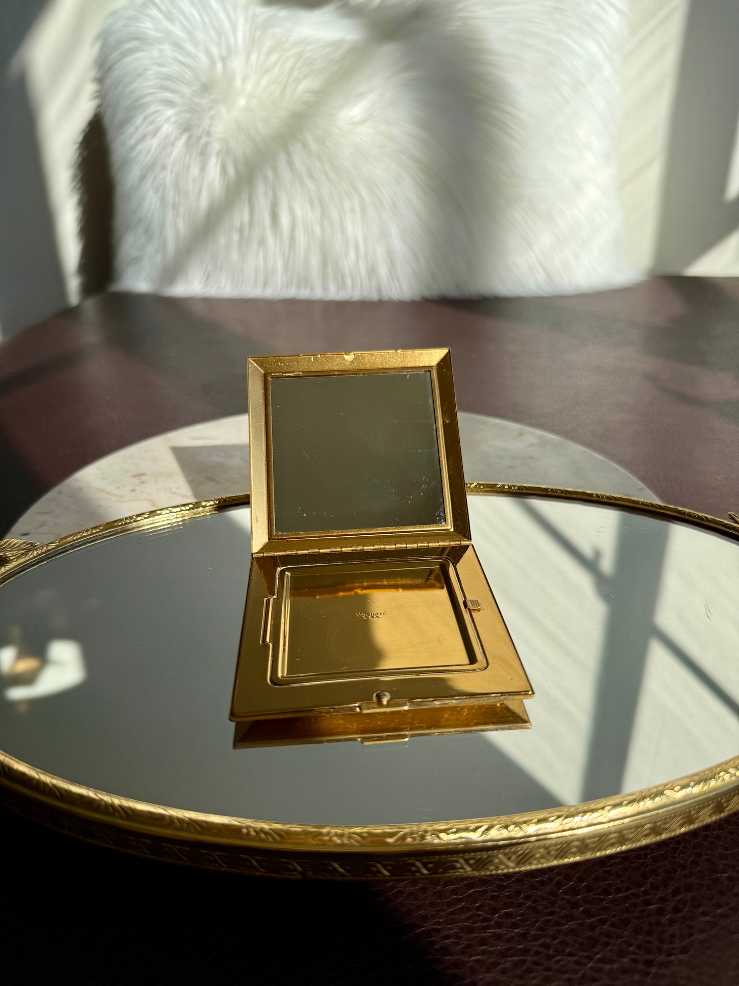1940s Voluptè Brass Cameo Lady Vintage Makeup Powder Compact Mirror with Hearts and Gemstones Decoration - Made in USA