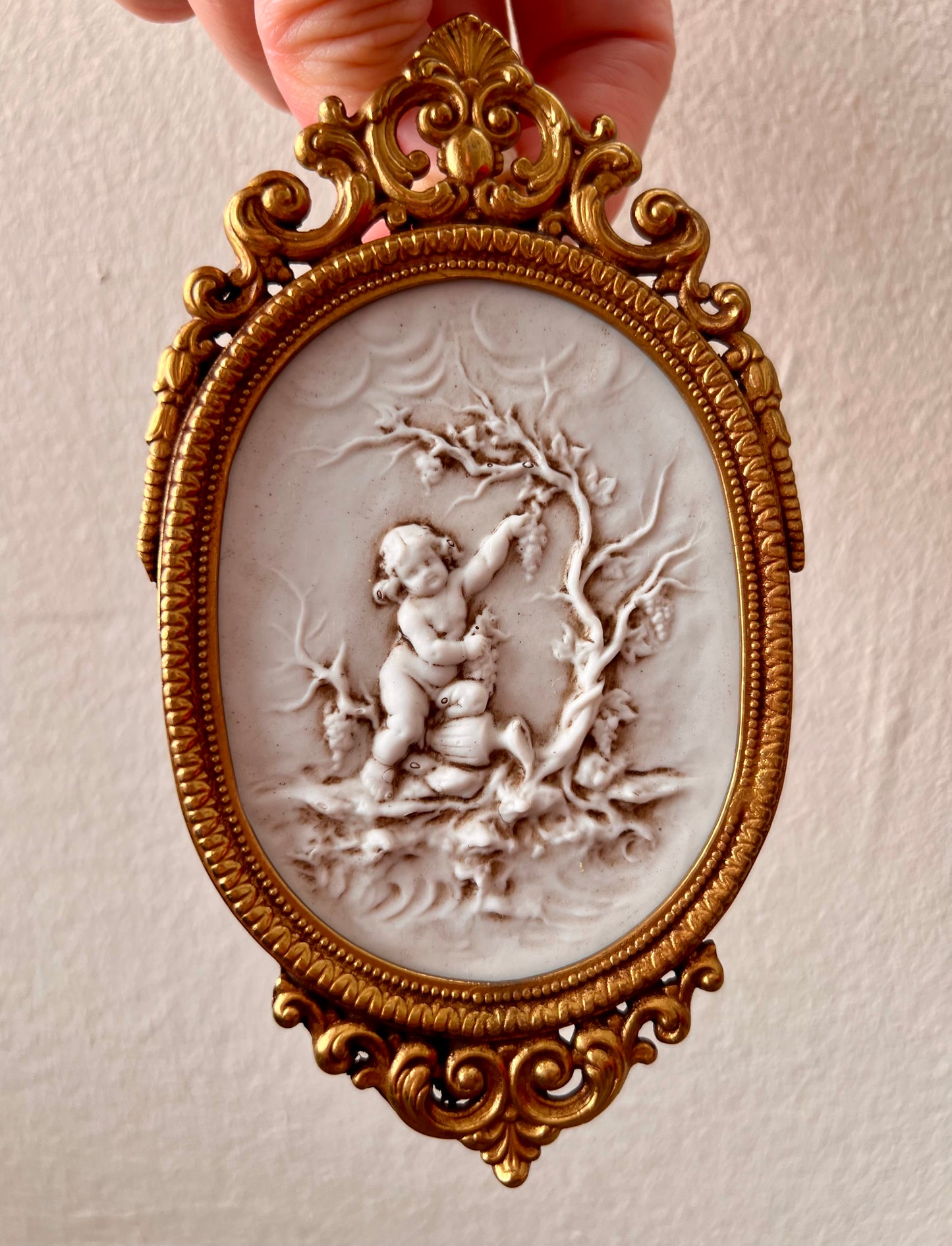 Capodimonte Vintage Porcelain Wall Decor in Bronze Style Metal Frame