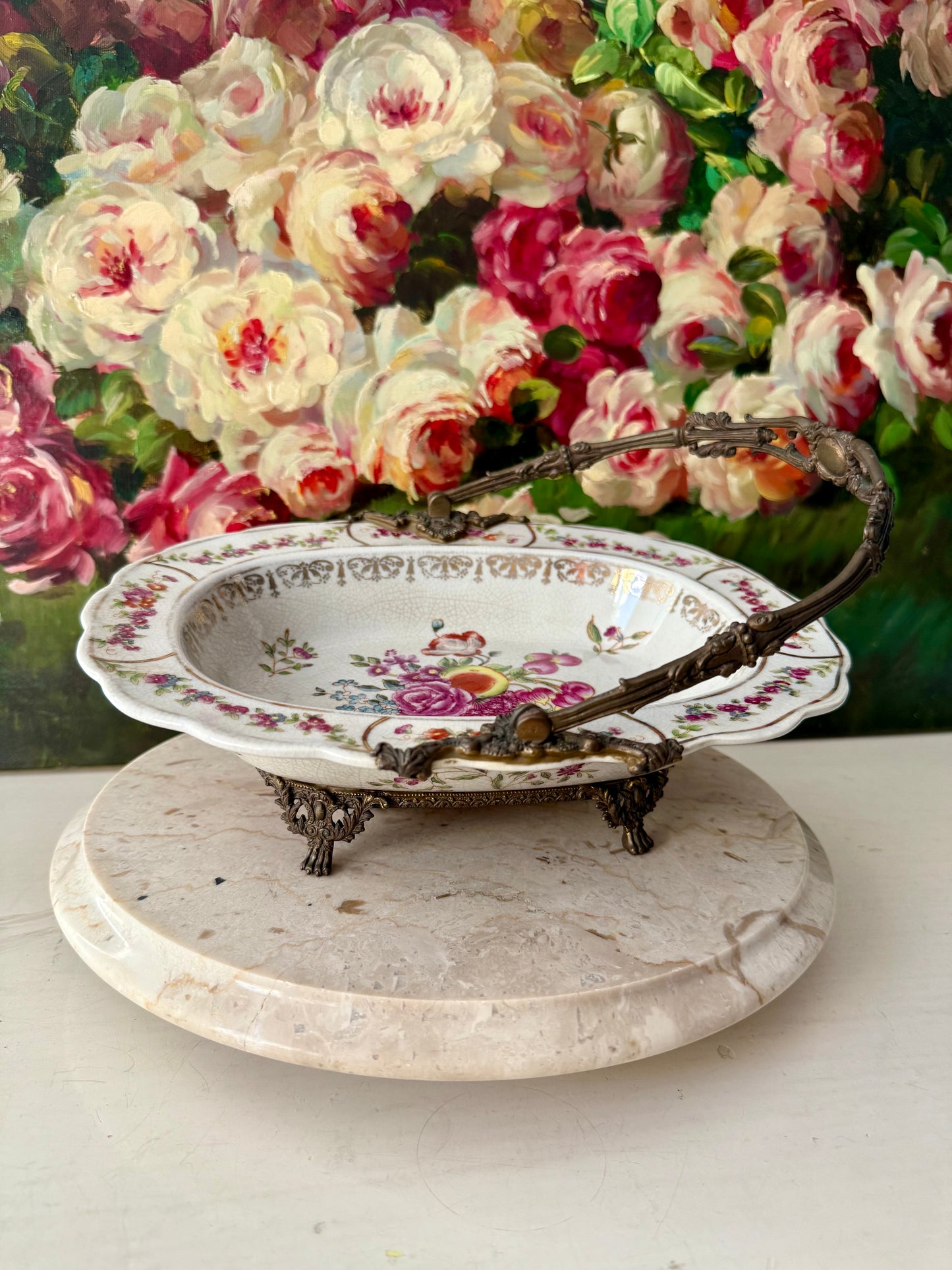 Porcelain Oval Crackle Glazed Vintage Basket Serving Dish with Decorative Bronze Handle, Floral Design and four Legs