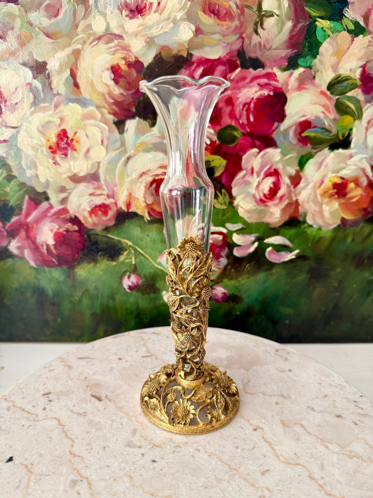 24k Vintage Matson Gold-plated Sunflower Brass Filigree Ormolu with Removable Glass Vase