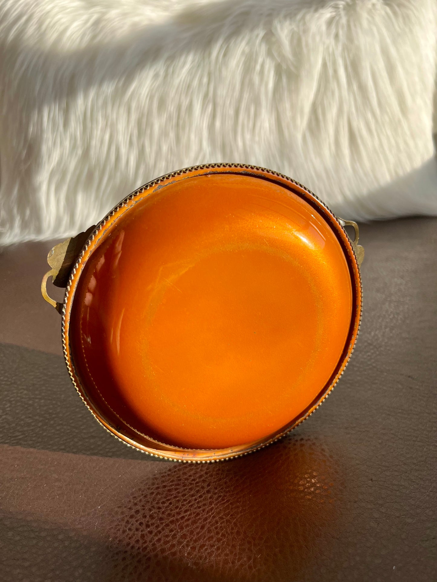 1980s Vintage Orange Round Enamel on Metal Dish or Jewelry Tray by Evans