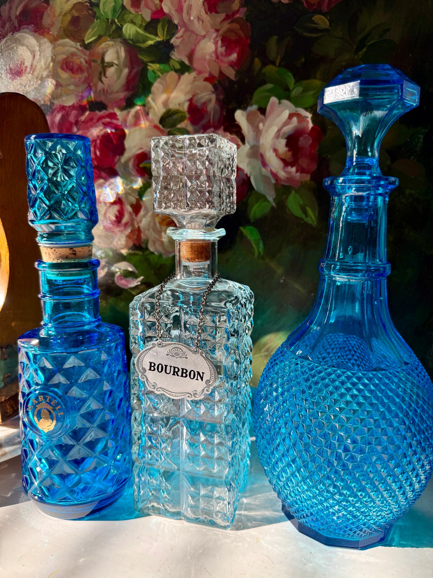 Mid-Century Italian Vintage Empoli-Style Blue Diamond Cut Glass Decanter Bottle